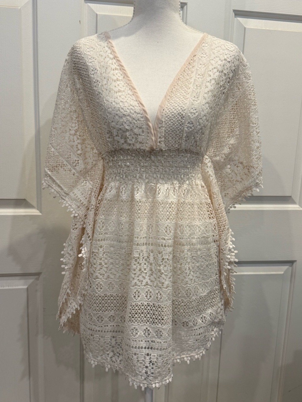 Cream Lace Boho Mini Dress / Swim Cover Open Back Festival Resort - Picture 5 of 7